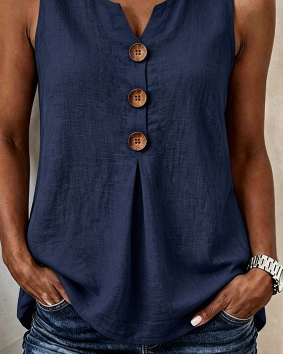 Three-Button Sleeveless Solid Color Tank Top
