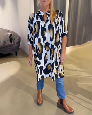 Stand-Up Collar Short-Sleeved Leopard Print Dress