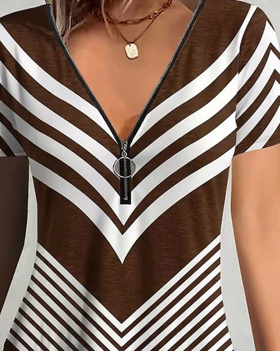 Zipper V-Neck Striped T-Shirt