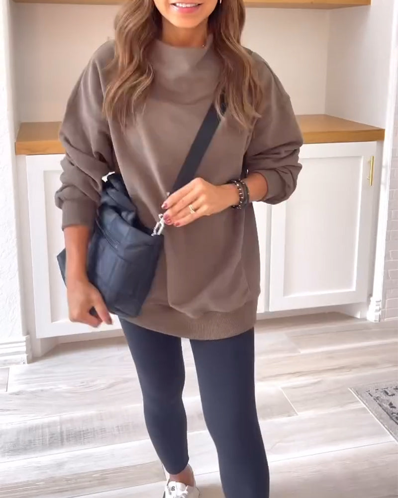 Retro solid color split stand collar sweatshirt