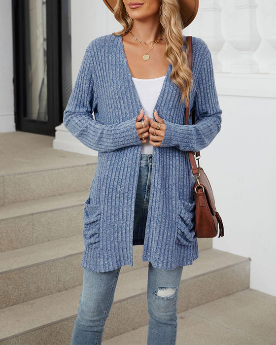 Casual solid color pocket long sleeve cardigan