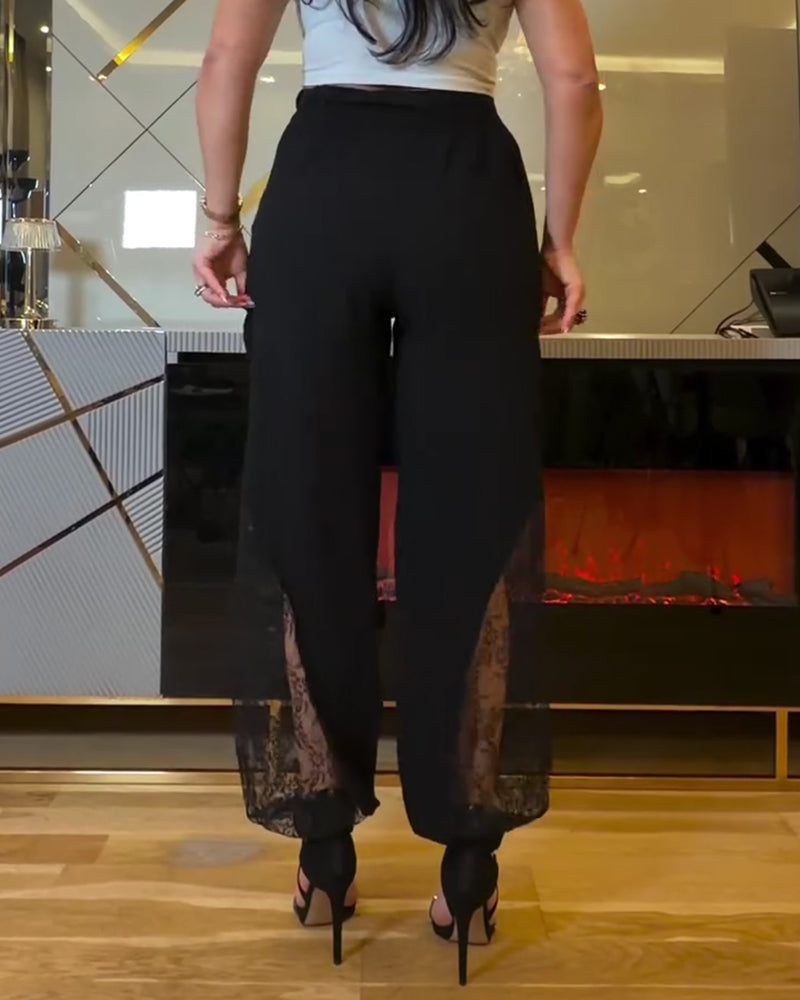 Elastic Waist Lace-Paneled Pants
