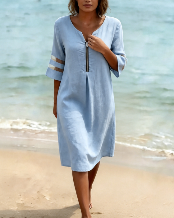 Mesh Paneled Half-Zip Dress