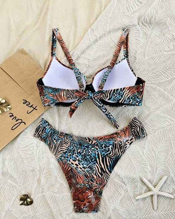 Leopard Print Color Block Strappy Bikini