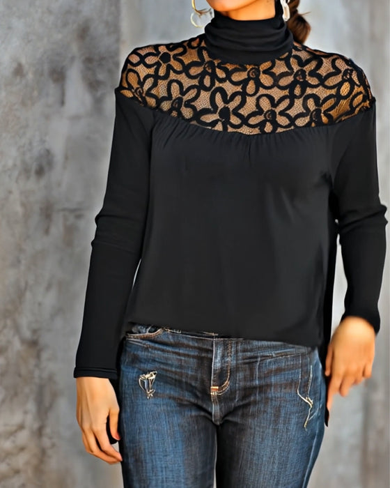 Turtleneck Lace Sheer Knit Top