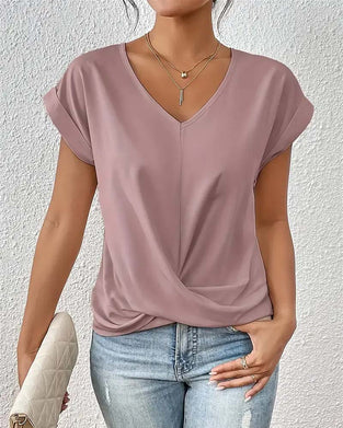 V-Neck Solid Color Elegant Short-Sleeved T-Shirt