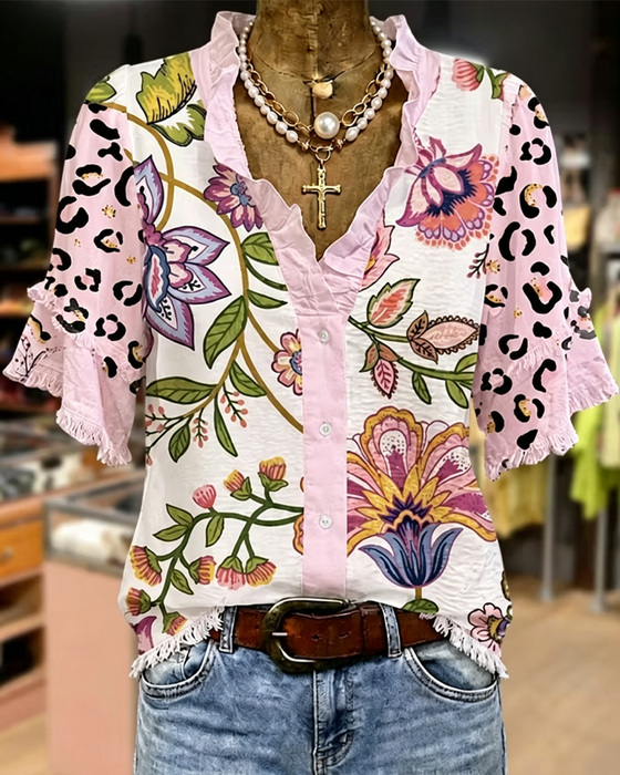 V-Neck Contrast Print Blouse