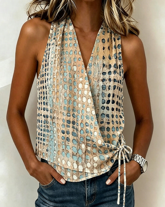 V-Neck Cross Halter Polka Dot Sleeveless Blouse