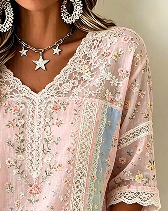 V-Neck Lace Patchwork Contrast Floral Blouse