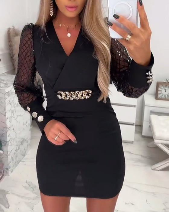 V-Neck Chain Button Mesh Patchwork Dress