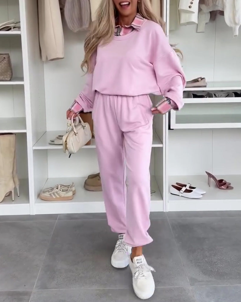 Solid Color And Plaid Patchwork Sports Set