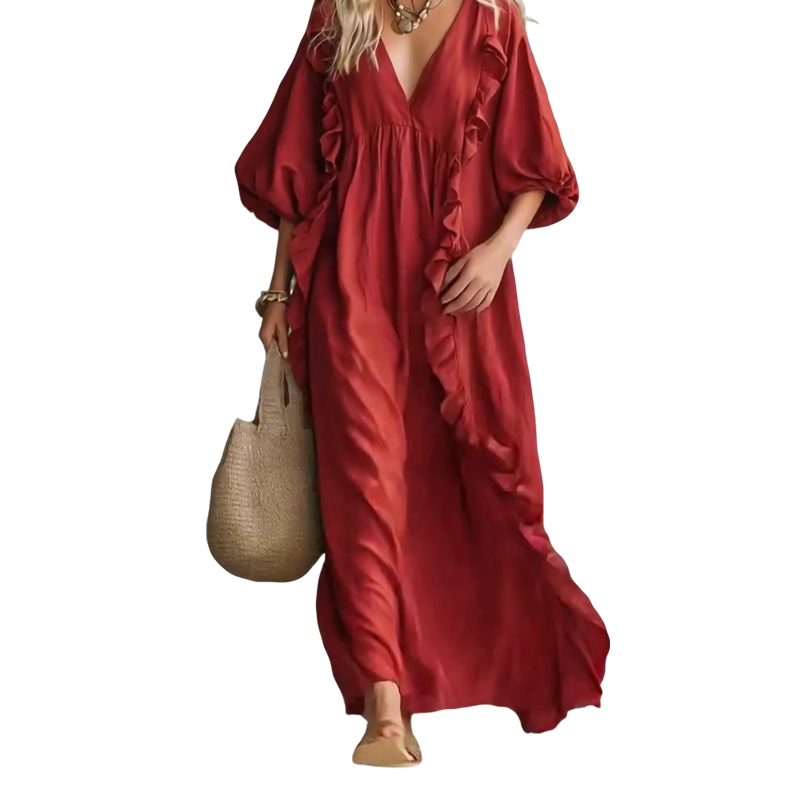 V-Neck Lantern Sleeve Loose Dress