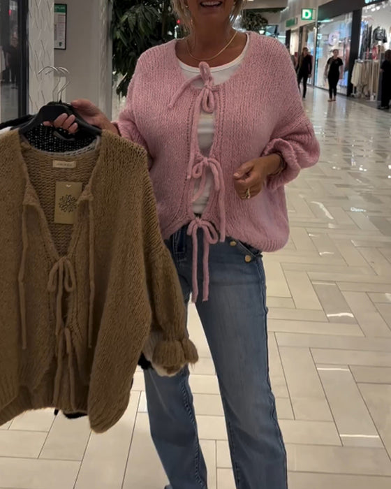 Casual solid color lace-up long-sleeve cardigan