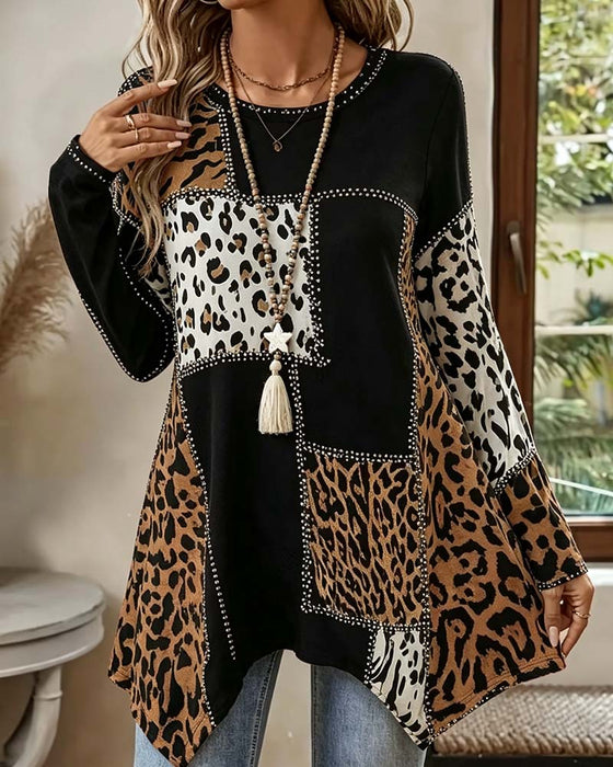 Leopard Print Patchwork Irregular Blouse