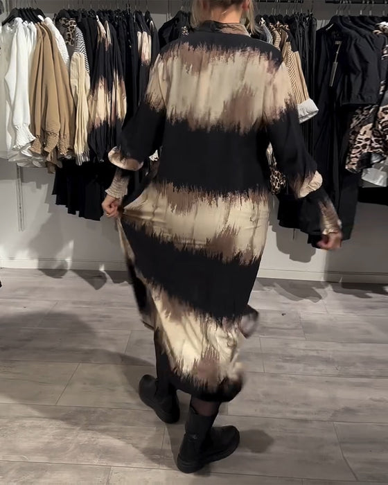Lantern Sleeve Buttoned Ink Painting Shirt Dress