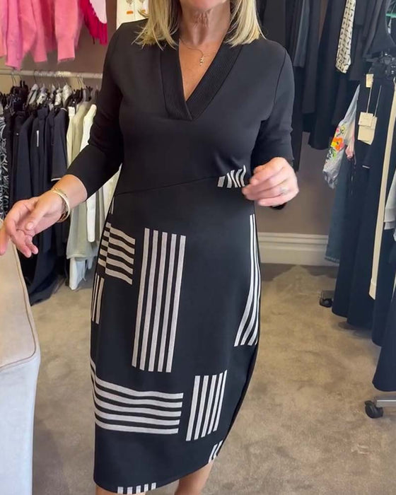 Geometric Stripe V-Neck Bodycon Midi Dress