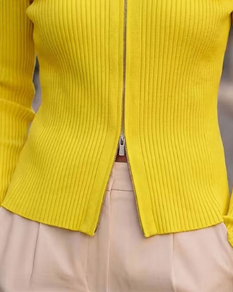 Lapel Long Sleeve Zipped Coat
