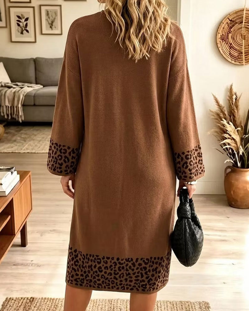 Leopard Print Round Neck Paneled Shift Dress
