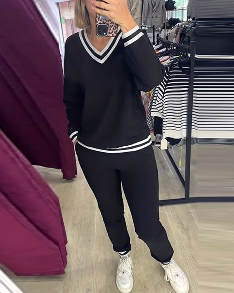 V-neck contrast striped casual suit