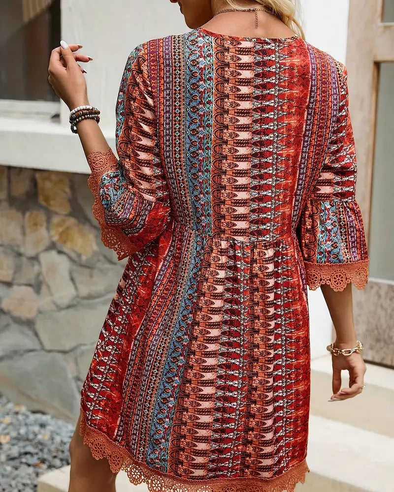 V-Neck Lace Three-Quarter Sleeve Dress
