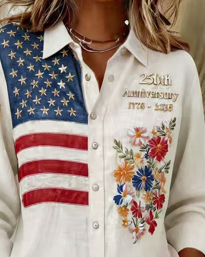 Turn-down Collar Print Embroidery Shirt