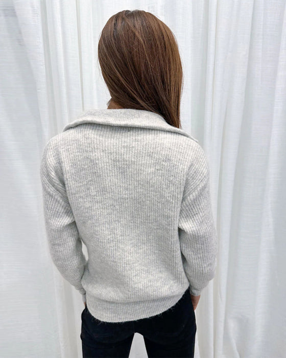 Lapel zipper solid color casual sweater