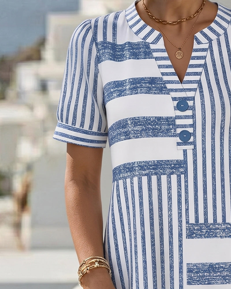 Patchwork Stripe Short-Sleeve Short Dresses