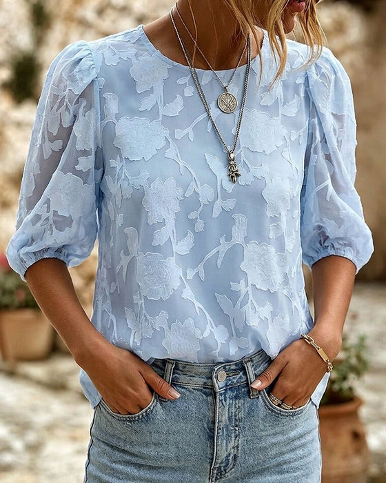 Round Neck Puff Sleeves Blouse