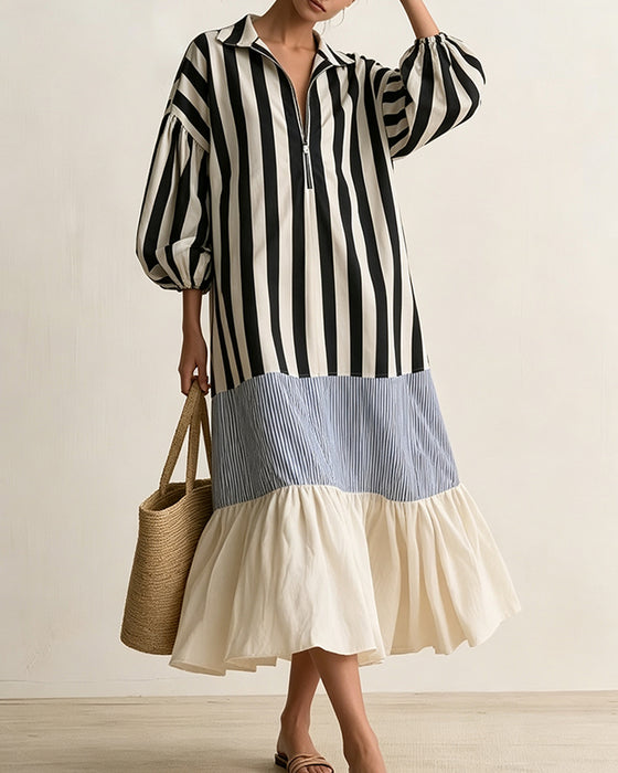 Lapel Zipper Striped Color-Block Tiered Dress