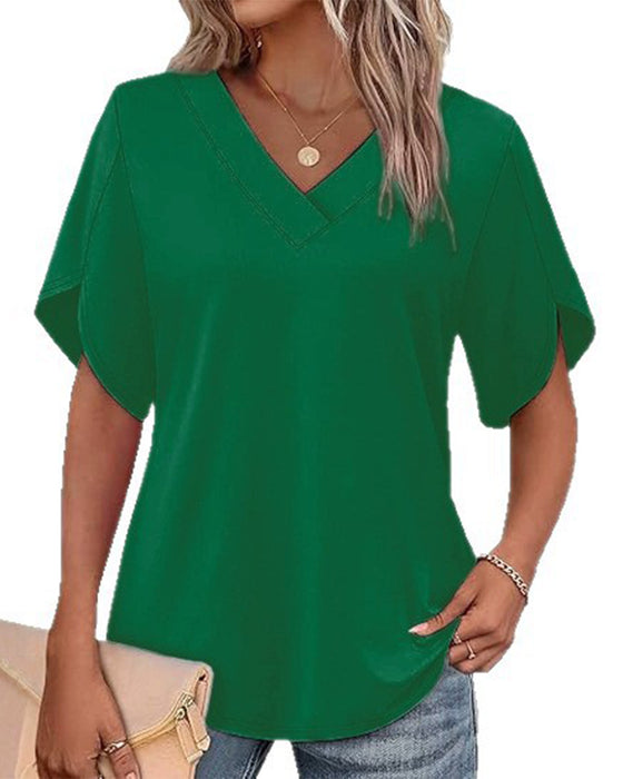 V-Neck Small Slit Short Sleeve Solid T-Shirt