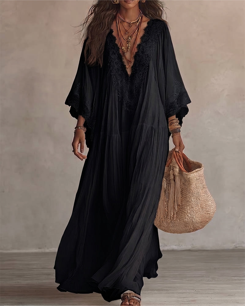 V-Neck Lace Patchwork Solid Color Dress
