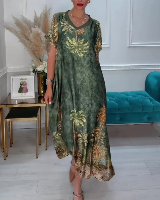 V-Neck Palm Tree Print Short Sleeve Long Dress