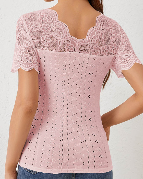 Plus Size Lace Patchwork Short Sleeve Blouse