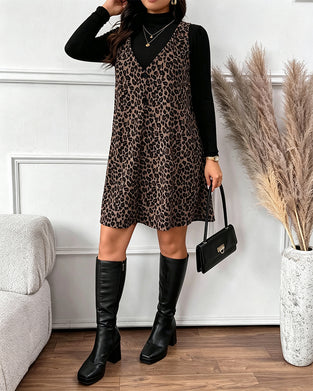 Turtleneck Slim Fit Leopard Print Jumpsuit Skirt Set