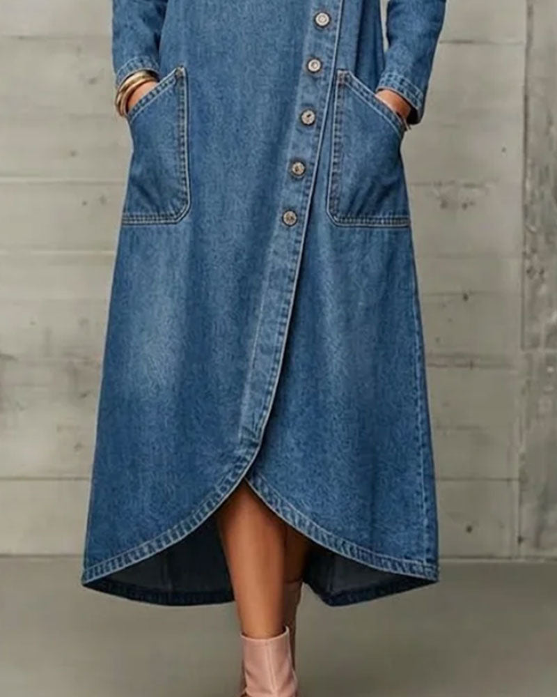 High Collar Button Pocket Dress