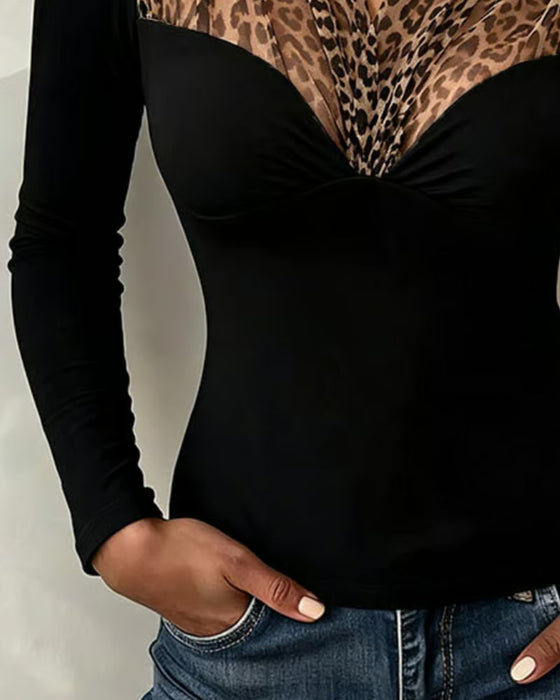 Leopard Mesh Patchwork V-Neck Fitted Top