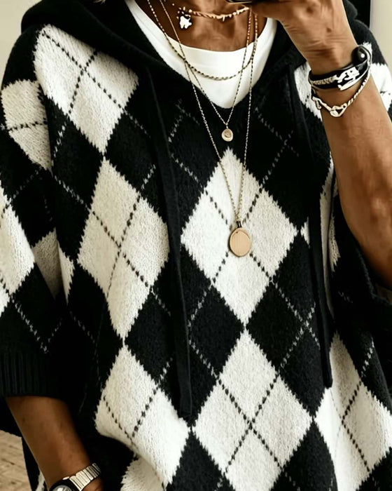 Plaid Hooded Three-Quarter Sleeve Pullover