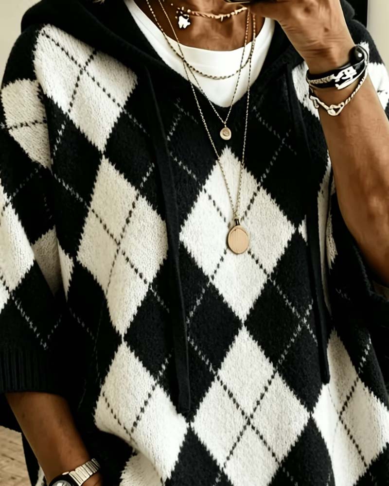Plaid Hooded Three-Quarter Sleeve Pullover