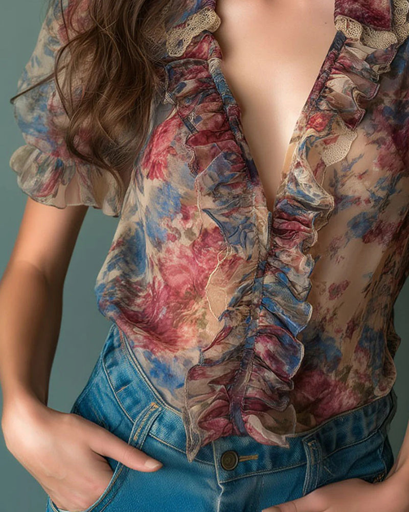 Lotus Leaf Deep V Floral Blouse