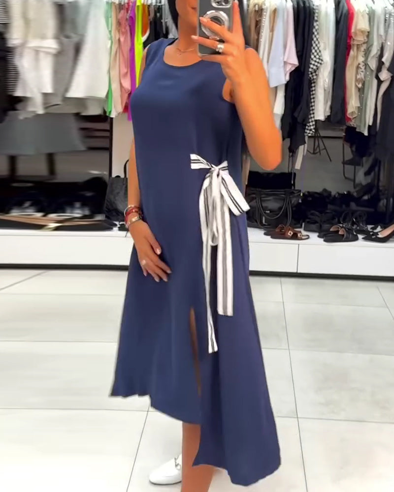 Irregular Solid Color Slit Sleeveless Dress