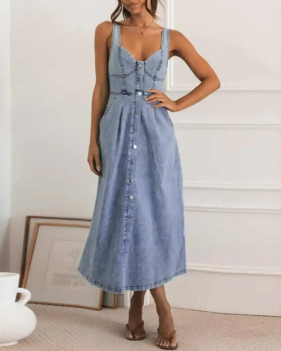 Spaghetti Strap Button Waist-Cinched Denim Dress