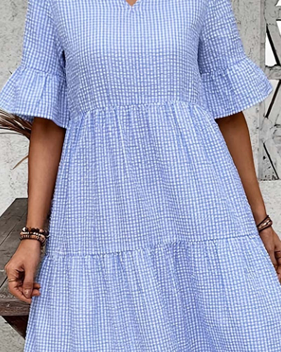 Blue White Gingham V-Neck Dress
