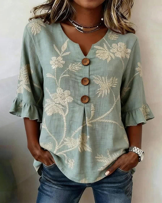 Ruffle Sleeve Three-Button Loose Fit Blouse