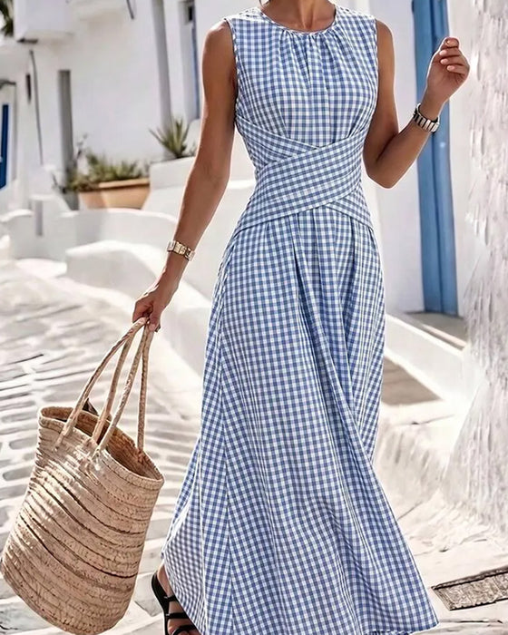 Crew Neck Cross Ruched Plaid Dress