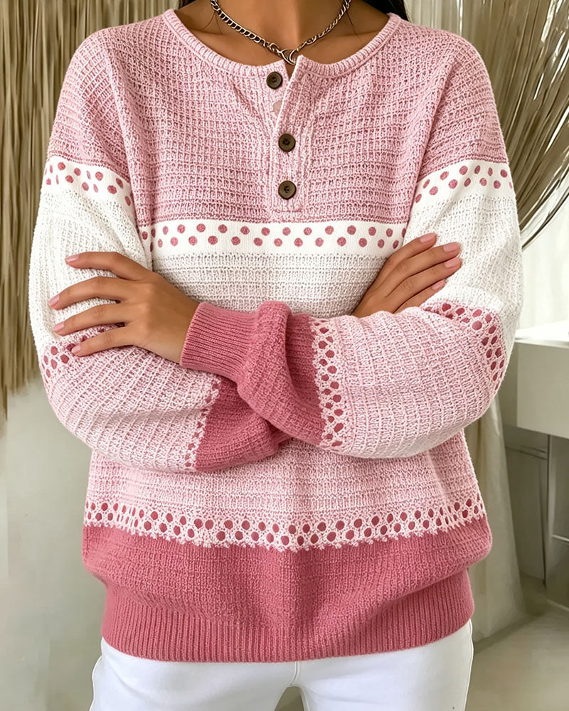 Color Block Waffle Knit Henley Pullover Sweatshirt