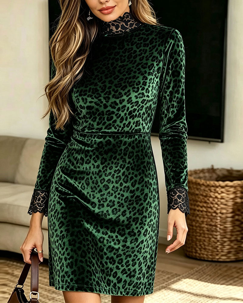 Turtleneck Leopard Patchwork Casual Dress