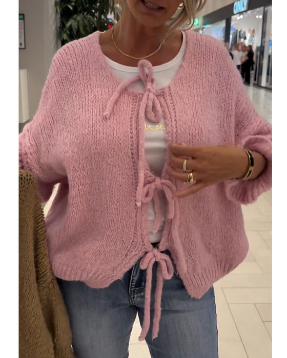 Casual solid color lace-up long-sleeve cardigan