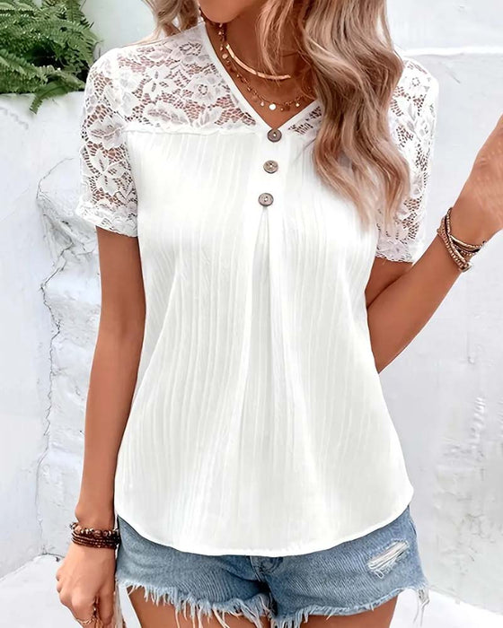 V-Neck Solid Color Lace Stitching Blouse