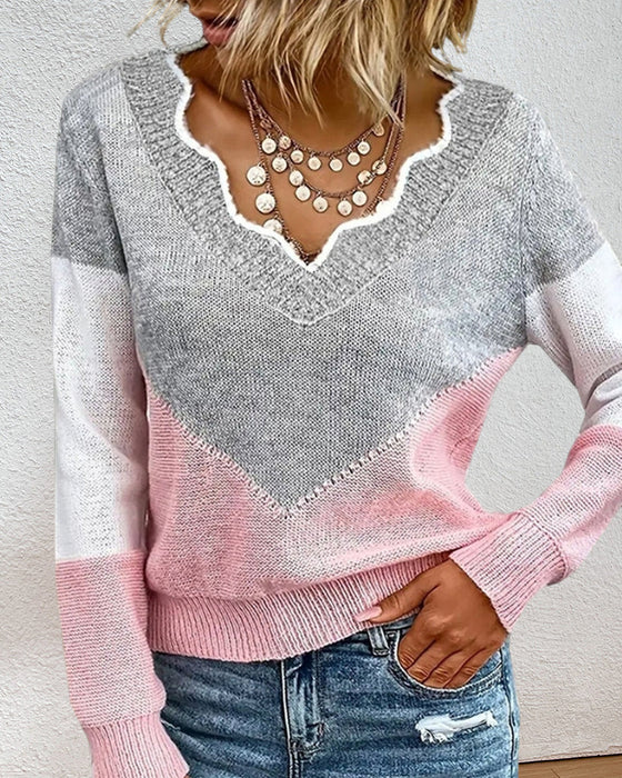 V Neck Color Block Pullover