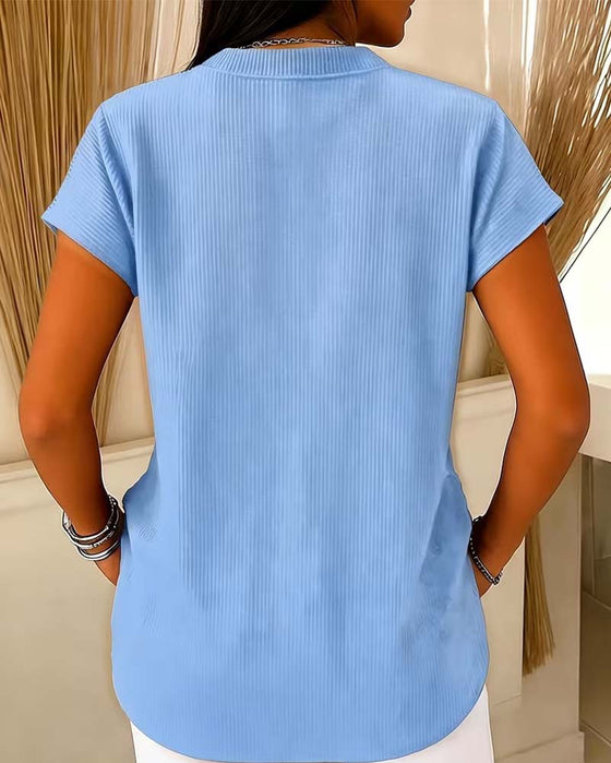 Solid Short Sleeve Zip Blouse